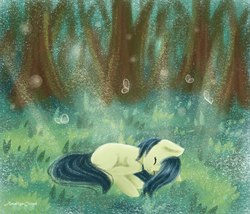 Size: 2522x2160 | Tagged: safe, artist:amaliyacloud, oc, oc only, butterfly, earth pony, pony, crepuscular rays, forest, grass, high res, lying, on side, sleeping, solo