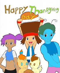 Size: 2543x3066 | Tagged: safe, artist:pokeneo1234, pound cake, pumpkin cake, human, turkey, g4, barely pony related, crossover, enid mettle, high res, holiday, k.o. (ok k.o.!), ok k.o.! lets be heroes, radicles x, simple background, thanksgiving, white background