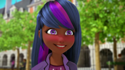Size: 1280x720 | Tagged: safe, artist:the-75th-hunger-game, edit, twilight sparkle, human, g4, blushing, clothes, cutie mark on clothes, dark skin, female, humanized, marinette dupain-cheng, miraculous ladybug, solo, tree