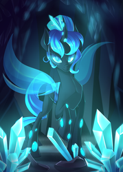 Size: 2000x2800 | Tagged: safe, artist:drawntildawn, oc, oc only, oc:queen polistae, changeling, changeling queen, blue changeling, cavern, changeling oc, changeling queen oc, commission, crystal, curved horn, female, high res, horn, looking at you, raised hoof, smiling, solo