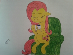 Size: 2576x1931 | Tagged: safe, artist:unreliable narrator, fluttershy, g4, eyes closed, female, food, furniture, simple background, solo, tea, traditional art
