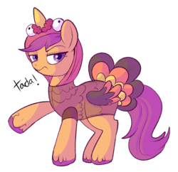Size: 750x727 | Tagged: safe, artist:lulubell, scootaloo, pegasus, pony, turkey, g4, clothes, colored hooves, costume, cute, cutealoo, female, grumpy, holiday, looking at you, raised hoof, scootachicken, scootaturkey, silly, simple background, solo, thanksgiving, transparent background, turkey costume, unamused, unimpressed