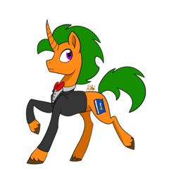 Size: 2000x2000 | Tagged: safe, artist:chelseawest, oc, oc only, oc:bookworm, pony, unicorn, clothes, curved horn, high res, horn, male, raised hoof, solo, stallion, suit, unshorn fetlocks