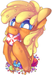Size: 600x864 | Tagged: safe, artist:breloomsgarden, oc, oc only, oc:gooey, goo, goo pony, original species, bust, candy, colorful, colt, food, male, portrait, simple background, solo, transparent background