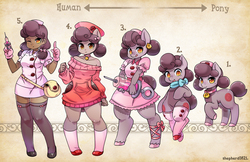 Size: 1600x1035 | Tagged: safe, artist:shepherd0821, oc, oc only, earth pony, human, anthro, semi-anthro, unguligrade anthro, anthro chart, clothes, commission, dark skin, humanized, humanized oc, looking at you, nurse, nurse outfit, pony coloring, smiling, syringe