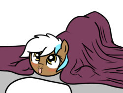 Size: 1147x867 | Tagged: safe, artist:neuro, oc, oc only, oc:frosty hooves, bed, blushing, mlem, silly, solo, tongue out