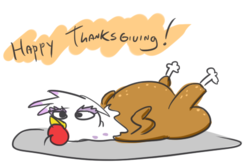Size: 482x321 | Tagged: safe, artist:jargon scott, gilda, griffon, turkey, g4, apple, apple gag, cooking, female, food, gag, holiday, person as food, plate, simple background, solo, thanksgiving, white background