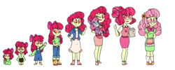 Size: 1600x640 | Tagged: safe, artist:carouselunique, apple bloom, oc, oc:pacific rose, equestria girls, g4, 5-year-old, adult, age progression, baby, chart, elderly, female, freshman, future, magical lesbian spawn, mother and daughter, offspring, older, parent:apple bloom, parent:diamond tiara, parents:diamondbloom, past, simple background, teenager, transparent background, younger
