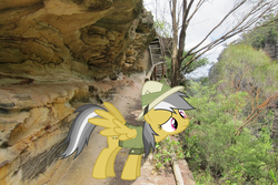 Size: 1600x1067 | Tagged: safe, artist:didgereethebrony, daring do, g4, australia, blue mountains, cliff, damage, irl, katoomba, orphan rock, photo, ponies in real life, solo