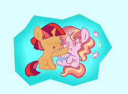 Size: 1013x743 | Tagged: safe, artist:doodledaydreamer, oc, oc only, oc:morning aurora, oc:stellar flare, angry, boop, cross-popping veins, cute, eyes closed, female, magical lesbian spawn, offspring, one eye closed, parent:sunset shimmer, parent:twilight sparkle, parents:sunsetsparkle, siblings, sisters, twins