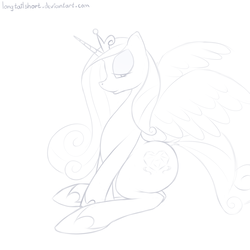 Size: 1024x1024 | Tagged: safe, artist:longtailshort, princess cadance, alicorn, pony, g4, bedroom eyes, butt, cutie mark, female, hoof shoes, horn, horseshoes, lineart, lovebutt, mare, monochrome, plot, princess shoes, sitting, solo, stupid sexy princess cadance, wings
