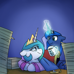 Size: 1200x1200 | Tagged: safe, artist:anticular, princess celestia, princess luna, alicorn, pony, ask sunshine and moonbeams, blanket, candle, coffee, cropped, crown, cute, duo, female, floppy ears, glowing horn, jewelry, leaning, levitation, magic, magic aura, mare, paper, paperwork, regalia, sibling love, siblings, sisterly love, sisters, sleepy, smiling, telekinesis, tired