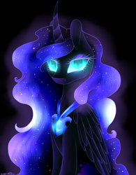Size: 900x1152 | Tagged: safe, artist:purediamond360, nightmare moon, alicorn, pony, g4, curved horn, female, glowing eyes, horn, jewelry, long mane, looking at you, mare, peytral, sitting, solo