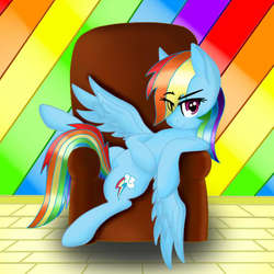 Size: 615x616 | Tagged: safe, artist:maxrubio, artist:metal-jacket444, edit, rainbow dash, pegasus, pony, g4, armchair, awesome, chair, cool, cute, female, looking at you, raised eyebrow, relaxed, sitting, slouching, smiling, smirk, solo, spread wings, wings