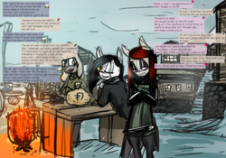 Size: 3800x2656 | Tagged: safe, artist:tenenbris, oc, oc only, oc:aydia, oc:lillian, zebra, dialogue, drug dealer, eyeshadow, high res, makeup, parka, slavery, snow, story included, zebra oc