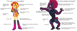 Size: 2518x1024 | Tagged: safe, sunset shimmer, tempest shadow, equestria girls, g4, my little pony equestria girls, my little pony: the movie, broken horn, chad, comparison, comparison trolling, crotch bulge, female, horn, image macro, meme, virgin, virgin walk
