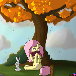 Size: 1024x1024 | Tagged: safe, artist:genericmlp, angel bunny, fluttershy, pegasus, pony, g4, autumn, clothes, female, mare, scarf, sitting, tree