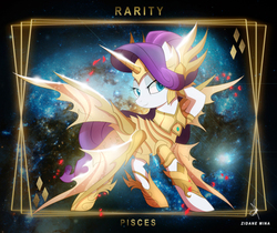 Size: 3840x3232 | Tagged: safe, artist:zidanemina, rarity, pony, unicorn, g4, armor, armorarity, crossover, fabulous, female, gold, high res, horn, looking at you, nebula, paphrodite, pisces, pisces aphrodite, pose, saint seiya, solo, space, stars, zodiac