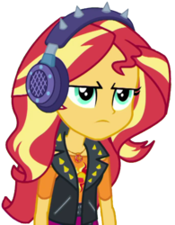 Size: 1596x2048 | Tagged: safe, artist:thebarsection, sunset shimmer, equestria girls, equestria girls series, g4, annoyed, female, geode of empathy, headphones, leather vest, magical geodes, punk, simple background, solo, transparent background