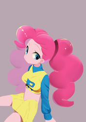 Size: 2893x4092 | Tagged: dead source, safe, artist:yam, pinkie pie, equestria girls, g4, breasts, busty pinkie pie, cheerleader, cheerleader outfit, clothes, cute, diapinkes, female, gray background, hair tie, midriff, moe, pigtails, simple background, sitting, skirt, smiling, solo, twintails