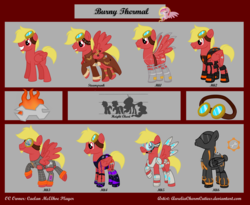 Size: 5400x4423 | Tagged: safe, artist:raspberrystudios, oc, oc only, oc:burny thermal, absurd resolution, clothes, costume, cutie mark, goggles, poses, reference sheet, spread wings, suit, wings
