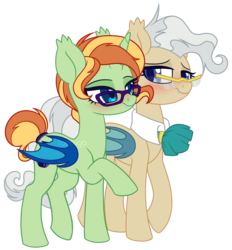Size: 2535x2727 | Tagged: safe, artist:hawthornss, mayor mare, oc, oc:precious antique, alicorn, bat pony, bat pony alicorn, pony, g4, alicorn oc, bat ponified, blushing, canon x oc, cute, cute little fangs, ear fluff, fangs, female, glasses, high res, lesbian, mare, race swap, shipping, simple background, transparent background