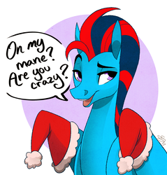 Size: 1852x1936 | Tagged: safe, artist:probablyfakeblonde, oc, oc only, oc:andrew swiftwing, pegasus, pony, christmas, hat, holiday, male, santa hat, smiling, smirk, solo, speech, speech bubble, stallion, wings