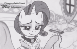 Size: 1600x1024 | Tagged: safe, artist:dwk, artist:lockerobster, rarity, human, pony, g4, bedroom eyes, carousel boutique, choker, dinner, ear piercing, earring, food, holding hooves, hoof hold, human male, human on pony hoof holding, jewelry, male, monochrome, offscreen character, pasta, piercing, pov, romantic, solo focus, spaghetti, youtube
