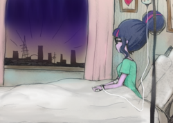 Size: 882x629 | Tagged: dead source, safe, artist:electricshine, sci-twi, twilight sparkle, equestria girls, g4, my little pony equestria girls: friendship games, bed, clothes, female, glasses, hospital, hospital bed, solo, window