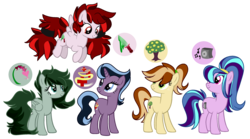 Size: 2876x1604 | Tagged: safe, artist:zomnicsadopt, oc, oc only, earth pony, pegasus, pony, unicorn, female, magical lesbian spawn, mare, offspring, parent:applejack, parent:aria blaze, parent:flim, parent:sonata dusk, parents:arisona, parents:flimjack, parents:hopebra, parents:oc x oc