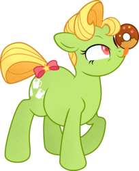 Size: 2438x2991 | Tagged: safe, artist:mellowhen, oc, oc only, oc:bric-a-brac, earth pony, pony, 2018 community collab, derpibooru community collaboration, bow, chubby, donut, food, high res, licking, simple background, solo, tongue out, transparent background