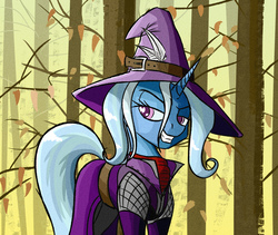 Size: 2672x2256 | Tagged: safe, artist:akweer, trixie, pony, unicorn, g4, clothes, female, forest, grin, hat, high res, leaves, looking at you, mare, smiling, solo, tree