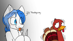 Size: 2120x1194 | Tagged: safe, artist:ggchristian, oc, oc only, oc:gg christian, pony, turkey, concerned, female, fork, holiday, implied ponies eating meat, kitchen eyes, knife, mare, thanksgiving, tongue out