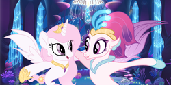 Size: 3732x1848 | Tagged: safe, artist:velveagicsentryyt, princess celestia, queen novo, alicorn, seapony (g4), g4, my little pony: the movie, cewestia, childhood friends, coral, crown, cute, cutelestia, duo, duo female, female, filly, fin wings, fins, hoof shoes, horn, hug, jewelry, looking at each other, novobetes, open mouth, pink-mane celestia, purple eyes, regalia, sealestia, seaponified, seapony celestia, seaquestria, species swap, throne, throne room, underwater, water, wings, young, younger