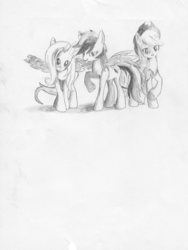 Size: 2442x3246 | Tagged: safe, artist:baran, applejack, fluttershy, rainbow dash, earth pony, pegasus, pony, g4, high res, looking at you, monochrome, pencil drawing, raised hoof, spread wings, traditional art, trio, wings