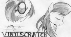 Size: 1854x954 | Tagged: safe, artist:baran, dj pon-3, octavia melody, vinyl scratch, g4, monochrome, shading, traditional art