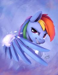 Size: 1184x1522 | Tagged: safe, artist:insanerobocat, rainbow dash, pegasus, pony, g4, bust, female, grin, smiling, smirk, snow, snowball, snowball fight, solo, spread wings, wing hold, wings