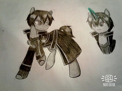 Size: 1012x760 | Tagged: safe, artist:ponime11, pony, unicorn, clothes, kirito, magic, male, ponified, solo, stallion, sword art online, traditional art