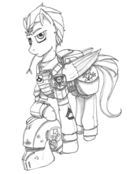 Size: 4338x5878 | Tagged: safe, artist:zhaozoharex, lightning dust, pegasus, pony, g4, absurd resolution, armor, army, fanfic, fanfic art, fimfiction, helmet, military, military uniform, monochrome, soldier, solo
