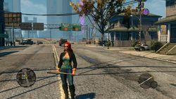 Size: 1920x1080 | Tagged: safe, sunset shimmer, human, g4, baseball bat, building, car, game screencap, humanized, mod, saints row, saints row the third, video game