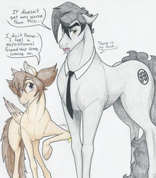 Size: 4361x4945 | Tagged: safe, artist:flicker-show, oc, oc only, oc:flicker show, oc:jitter bug, earth pony, pegasus, pony, absurd resolution, dialogue, disney, floppy ears, hoers, male, necktie, simple background, smiling, stallion, traditional art