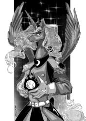 Size: 848x1200 | Tagged: safe, artist:ursa, princess luna, anthro, g4, clothes, halftone, monochrome, moon, tangible heavenly object