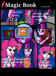 Size: 1150x1534 | Tagged: safe, artist:dsfranch, pinkie pie, sci-twi, twilight sparkle, comic:magic book, equestria girls, g4, comic, engrish, implied spike, vial