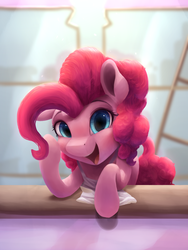Size: 3000x4000 | Tagged: safe, artist:vanillaghosties, pinkie pie, earth pony, pony, g4, apron, clothes, cute, diapinkes, female, leaning, looking at you, mare, open mouth, smiling, solo