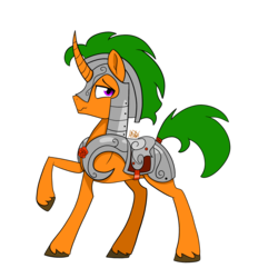 Size: 2000x2000 | Tagged: safe, alternate version, artist:chelseawest, oc, oc only, oc:bookworm, pony, unicorn, armor, curved horn, high res, horn, male, raised hoof, simple background, solo, stallion, transparent background, unshorn fetlocks