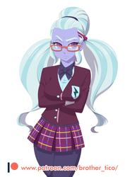 Size: 848x1200 | Tagged: safe, artist:brother-tico, sugarcoat, equestria girls, g4, my little pony equestria girls: friendship games, arm under breasts, clothes, crossed arms, crystal prep academy uniform, female, glasses, patreon, patreon logo, raised eyebrow, resting bitch face, school uniform, simple background, solo, white background