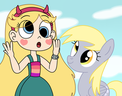 Size: 1368x1080 | Tagged: safe, artist:deaf-machbot, derpy hooves, pegasus, pony, g4, cloud, crossover, derp, duo, open mouth, star butterfly, star vs the forces of evil