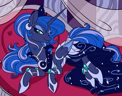 Size: 2048x1609 | Tagged: safe, artist:jadedjynx, princess luna, alicorn, pony, g4, alternate hairstyle, clothed ponies, clothes, couch, crown, ear piercing, earring, female, jewelry, lying down, mare, necklace, on side, piercing, regalia, skirt, smiling, solo