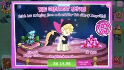 Size: 1334x750 | Tagged: safe, gameloft, songbird serenade, g4, my little pony: the movie, advertisement, chandelier, costs real money, crack is cheaper, greedloft, introduction card, sia (singer), song reference, the greatest, voice actor joke