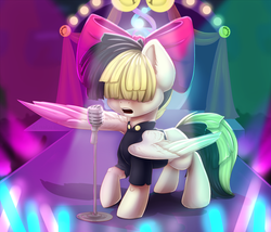 Size: 1024x877 | Tagged: dead source, safe, artist:freckleplant, songbird serenade, pegasus, pony, g4, my little pony: the movie, bow, clothes, female, hair over eyes, mare, microphone, open mouth, shirt, singing, solo, spread wings, wings